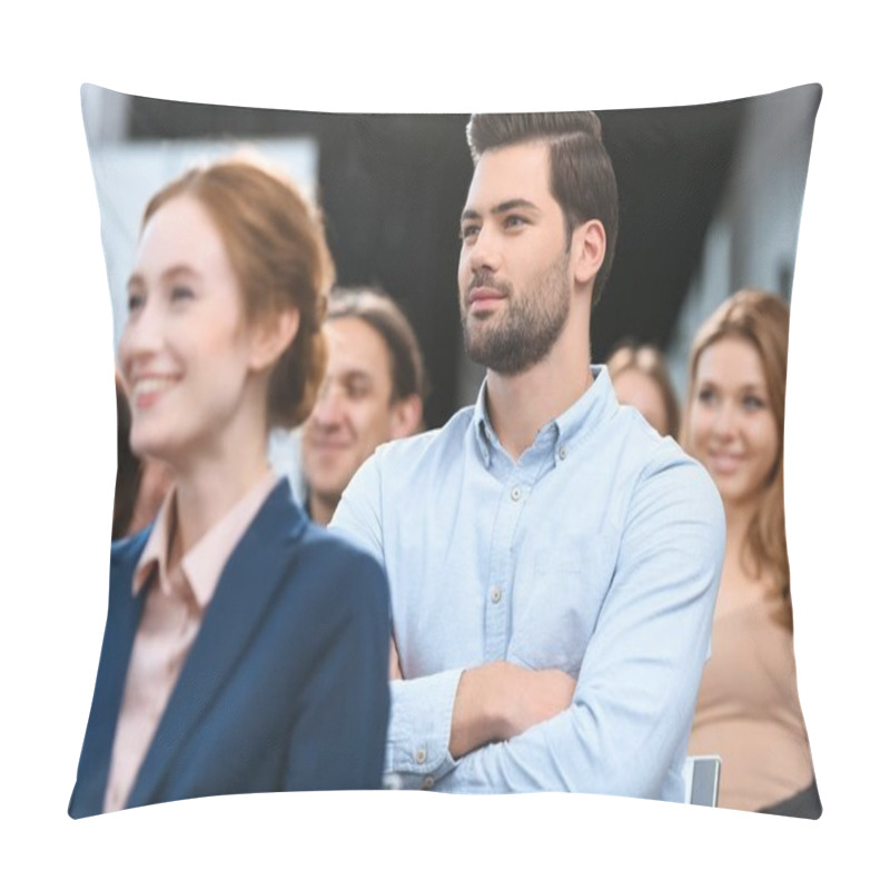 Personality  Caucasian man in blue shirt looking away while sitting at meeting pillow covers