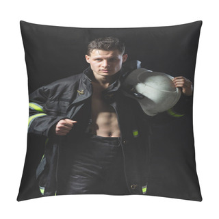 Personality  Fashionable Portrait Of A Young Man In Fire Equipment On A Black Studio Background. Fireman In A Dark Uniform Pillow Covers
