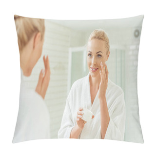 Personality  Woman In Bathrobe Applying Face Cream Pillow Covers