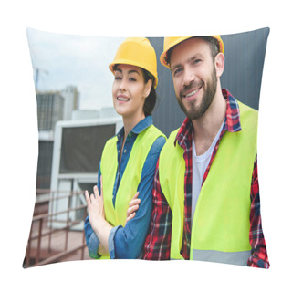 Personality  Professional Engineers In Hardhats And Safety Vests On Roof Pillow Covers
