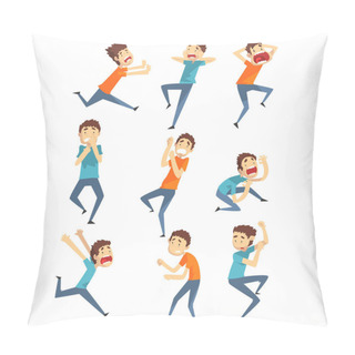 Personality  Scared And Panicked Young Men Set, Emotional Guys Afraid Of Something Vector Illustration On A White Background Pillow Covers