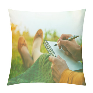 Personality  Female Hands With Pen Writing On Notebook On Grass Outside Pillow Covers