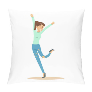 Personality  Girl With Ponytail Overwhelmed With Happiness And Joyfully Ecstatic, Happy Smiling Cartoon Character Pillow Covers