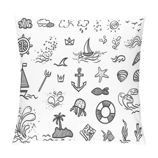 Personality  Hand Drawn Holiday Elements On Isolated Background. Sketchy Doodles On White. Summer Holidays. Signs And Symbols. Black And White Illustration Pillow Covers