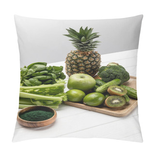 Personality  Tasty Fresh Fruits Near Organic And Raw Vegetables On Grey  Pillow Covers
