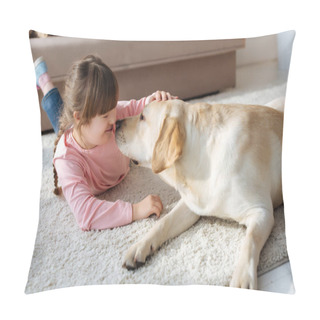 Personality  Kid With Down Syndrome And Labrador Retriever Touching Noses Pillow Covers