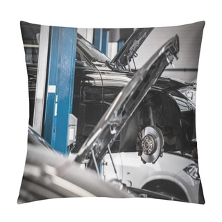 Personality  Broken Cars In The Certified Auto Service. Automotive Industry. Vehicle Repairing. Pillow Covers