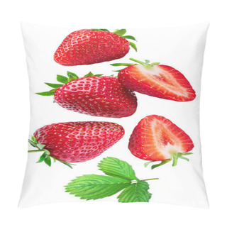 Personality  Strawberry With Strawberries Leaves And Slices Isolated On A White Background. Berries Are Flying In The Air. Clipping Path. Pillow Covers