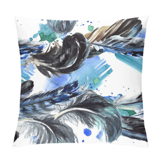 Personality  Blue And Black Bird Feathers From Wing. Watercolor Background Illustration Set. Seamless Background Pattern. Pillow Covers