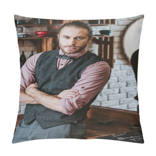 Personality  Serious Barber Standing With Crossed Arms Near Scissors In Barbershop  Pillow Covers