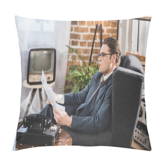 Personality  Side View Of 50s Style Man Smoking Cigarette And Reading Newspaper At Home Pillow Covers