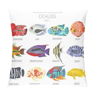 Personality  Cichlids Fish. Freshwater Aquarium Fish Icon Set Flat Style Isolated On White.  Vector Illustration Pillow Covers