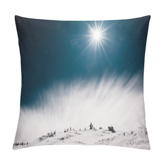 Personality  Scenic View Of Mountain Covered With Snow And Pine Trees Against Dark Sky With White Cloud And Sun Pillow Covers