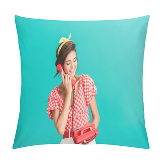 Personality  Happy Pin Up Woman Talking On Retro Phone Isolated On Turquoise Pillow Covers