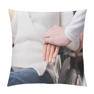 Personality  Cropped View Of Social Worker Touching Hand Of Aged Disabled Woman In Wheelchair Pillow Covers