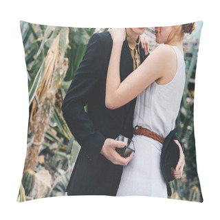 Personality  Cropped Shot Of Young Wedding Couple Hugging In Botanical Garden Pillow Covers