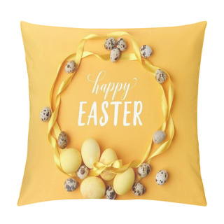 Personality  Top View Of Yellow Painted Easter Eggs And Quail Eggs On Yellow With Happy Easter Lettering Pillow Covers