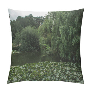 Personality  Green Trees Near Pound With Cloudy Sky At Background In Botanical Garden, Copenhagen, Denmark  Pillow Covers