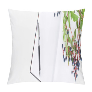 Personality  Panoramic Shot Of Blank Notebook With Pen Near Branch Of Wild Grapes With Green Leaves And Berries Isolated On White Pillow Covers
