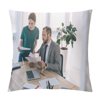 Personality  Lawyer And Client Discussing Contract At Workplace In Office Pillow Covers