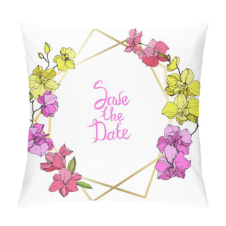 Personality  Beautiful Pink And Yellow Orchid Flowers. Engraved Ink Art. Frame Golden Crystal. Save The Date Handwriting Monogram Calligraphy. Geometric Polygon Crystal Mosaic Shape. Pillow Covers