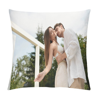 Personality  Passionate Man Embracing Cheerful Woman In White Beach Wear On Luxury Resort During Vacation Pillow Covers