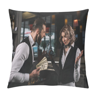 Personality  Male Bartender Holding Money And Shouting At Colleague At Bar Pillow Covers
