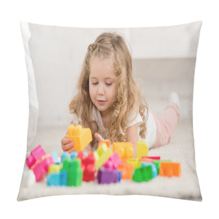 Personality  Surface Level Of Adorable Kid Playing With Colored Plastic Constructor On Carpet In Children Room Pillow Covers