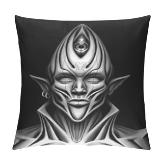 Personality  Fantasy Character Close Up, Alien, Space Elf, Humanoid, With Big Eye On His Forehead, Long Pointed Head, Large Lips And An Elongated Chin, Sharp, High Collar, With Folds And Muscles, No Background. Pillow Covers