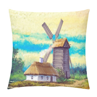 Personality  Oil Paintings Rural Landscape, Old Village, Windmill In The Ukraine. Fine Art, Artwork. Pillow Covers