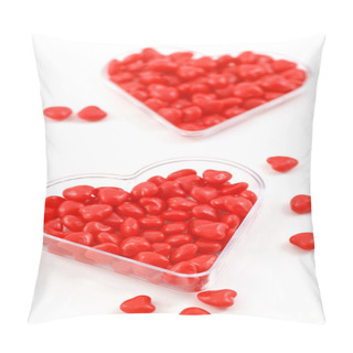 Personality  Spicy, Red Hot Cinnamon Candy Hearts In Heart Shaped Dish In Vertical Format With Selective Focus Pillow Covers