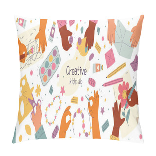 Personality  Creative Children Hands Flat Illustrations Set. Small Hands Cutting Paper, Creating Accessory, Holding Brush And Doing Origami. Hobby And Leisure Activity. Handmade Design Elements Pillow Covers