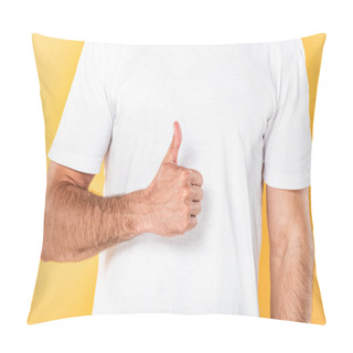Personality  Cropped View Of Man In White T-shirt Showing Thumb Up Isolated On Yellow Pillow Covers