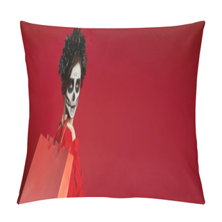 Personality  Portrait Of Woman In Scary Skull Makeup And Black Wreath With Shopping Bags On Red, Banner Pillow Covers