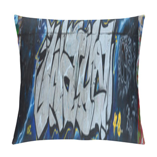 Personality  Street Art. Abstract Background Image Of A Full Completed Graffiti Painting In Chrome And Blue Tones. Pillow Covers