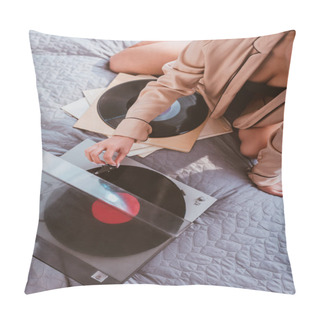 Personality  Partial View Of Young Woman Turning On Vinyl Audio Player While Sitting On Bed At Home Pillow Covers