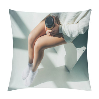 Personality  Cropped View Of Young Woman Sitting And Holding Paper Cup On White  Pillow Covers