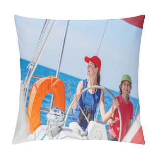 Personality  Boy Captain With His Sister On Board Of Sailing Yacht On Summer Cruise. Travel Adventure, Yachting With Child On Family Vacation. Pillow Covers