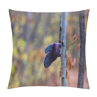 Personality  A Child's Mitten Hangs On A Tree Branch Having Been Discovered In A Nature Trail In The Woods. Pillow Covers