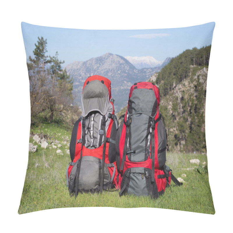 Personality  Backpack Standing On Top Of A Mountain On The Background Of Snowy Mountains. Pillow Covers