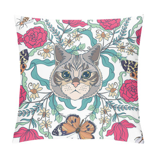 Personality Seamless Pattern, Background With Vintage Style Flowers And Cats Pillow Covers