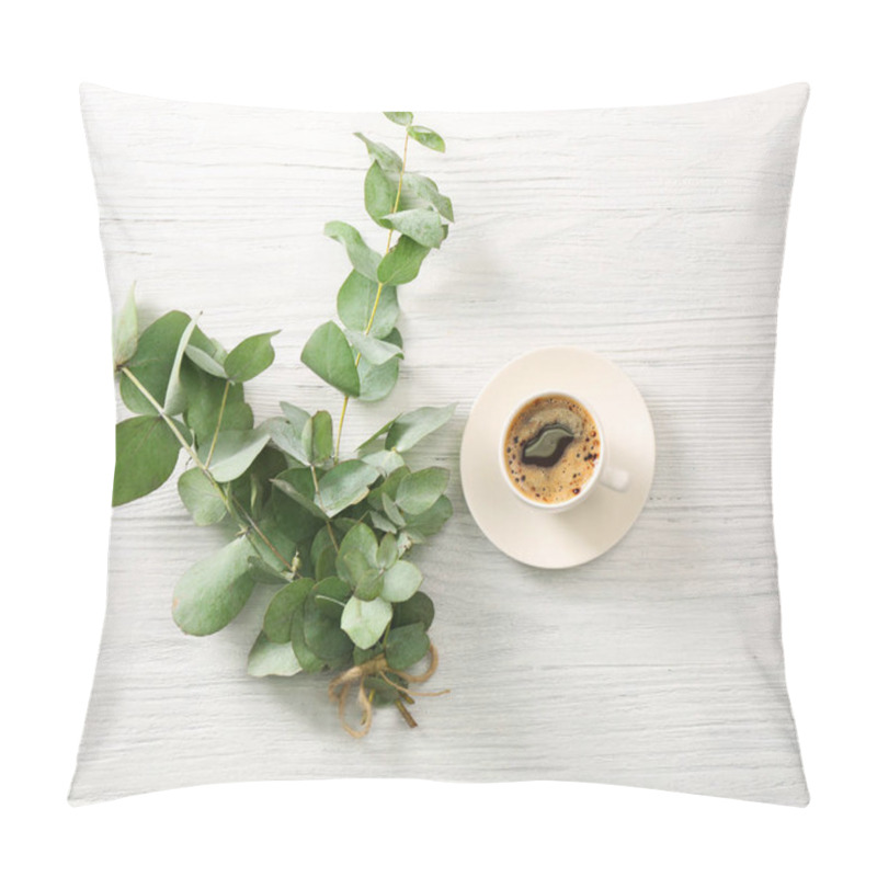 Personality  eucalyptus branches with cup of coffee pillow covers