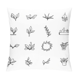 Personality  Set Of Hand Drawn Flowers, Leaves, Cactus And Flower Pots. Spring Ink Floral Design With Leaves And Wreath For Easter. Pillow Covers
