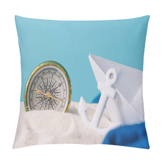 Personality  White Sand With Paper Boat, Anchor And Compass Isolated On Blue Pillow Covers
