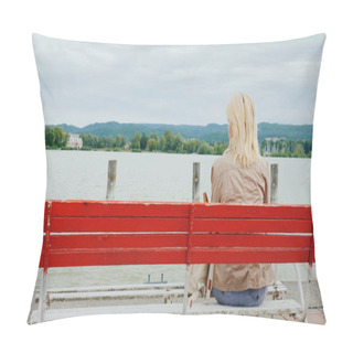 Personality  A Woman Sits On A Red Bench, Admiring The View Of The Lake. Back View. Rest On Lake Balaton In Hungary Pillow Covers