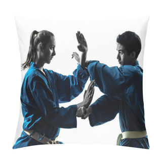 Personality  One Caucasian Man Woman Couple Exercising Karate Vietvodao Martial Arts In Silhouette Studio Isolated On White Background Pillow Covers
