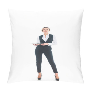 Personality  Waitress In Black Uniform Standing And Holding Tray On White Background Pillow Covers