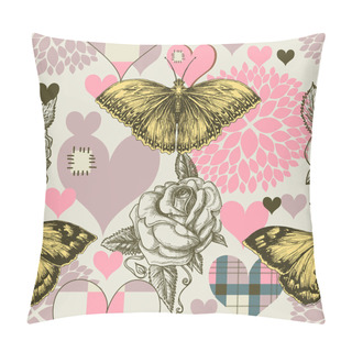 Personality  Hearts Flowers And Retro Style Butterfly Seamless Pattern  Pillow Covers