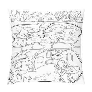 Personality  Interior And Family Life Of Ants In An Anthill Coloring For Children Cartoon Vector Illustration Pillow Covers