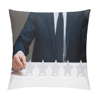 Personality  Cropped View Of Businessman Touching Star Isolated On Grey, Quality Concept  Pillow Covers